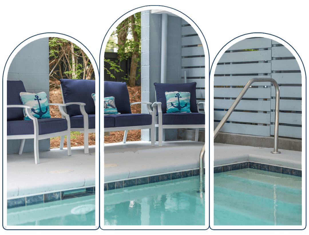 heated pool with a bench